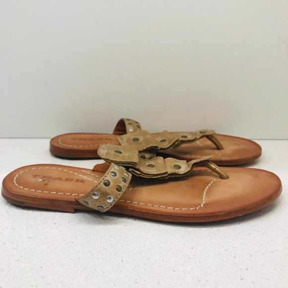 TRASK Tan Leather Sandals Thong Crackle Bronze Studded Cascade Padded Sz 7 - Picture 7 of 16